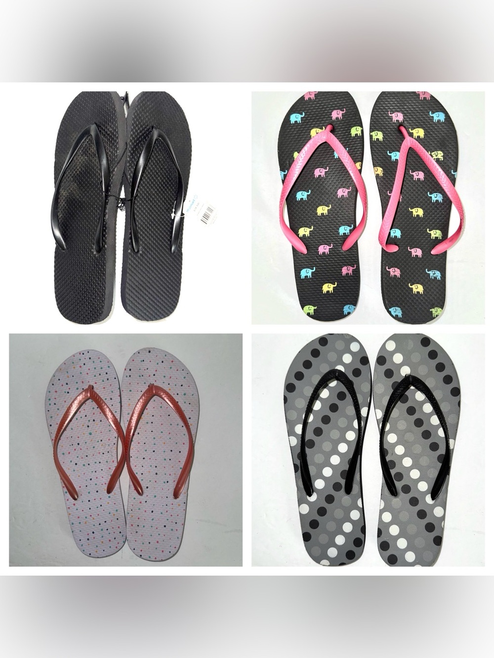 4 Prs Flat Slip-On Rubber Thong Flip Flops, All Size 9/10-10.5